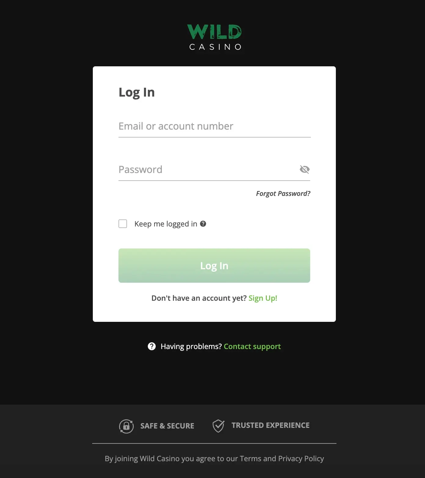 WildCasino login & registration ​